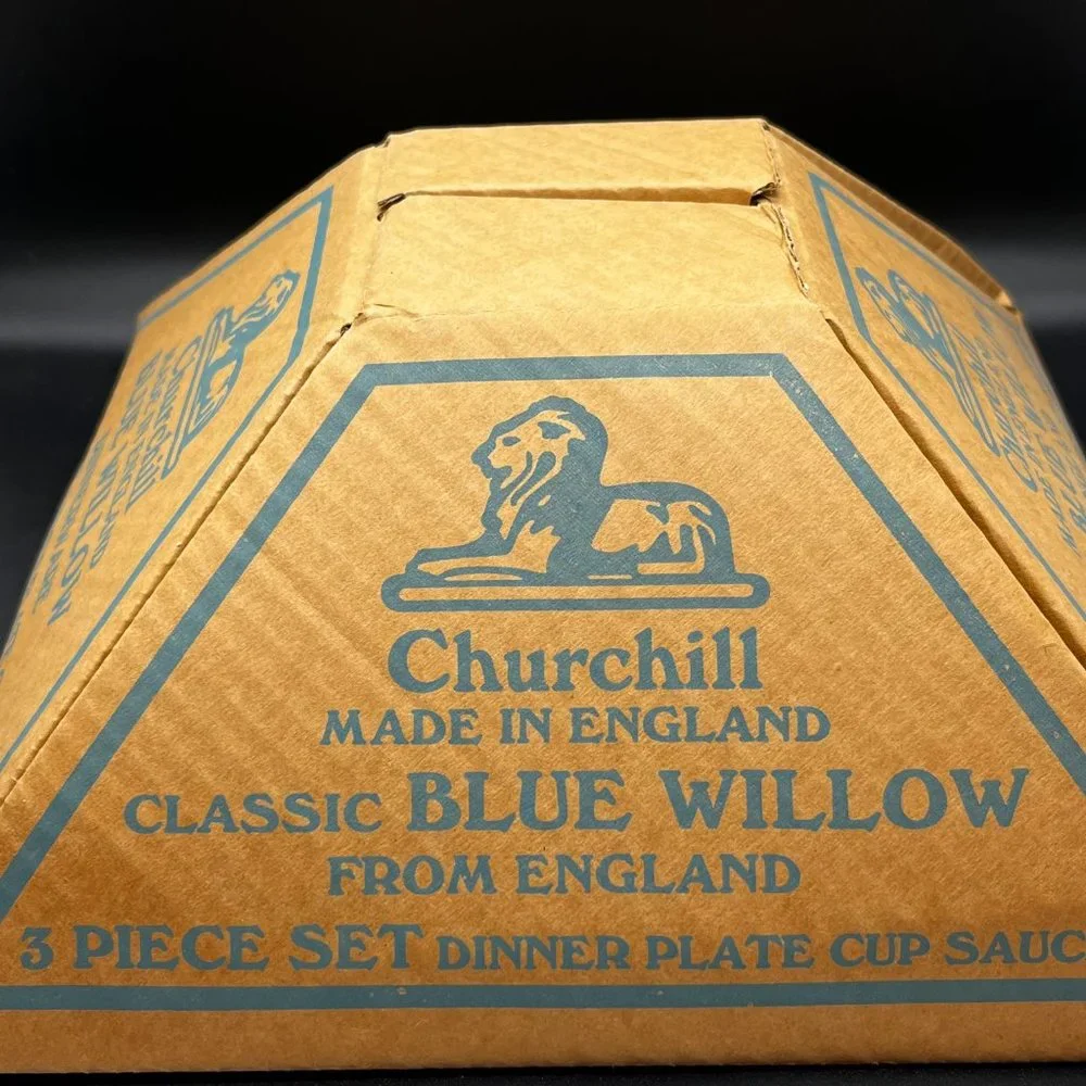 Blue Willow 3 Piece Set-Dinner Plate, Cup and Saucer by Churchill NIB